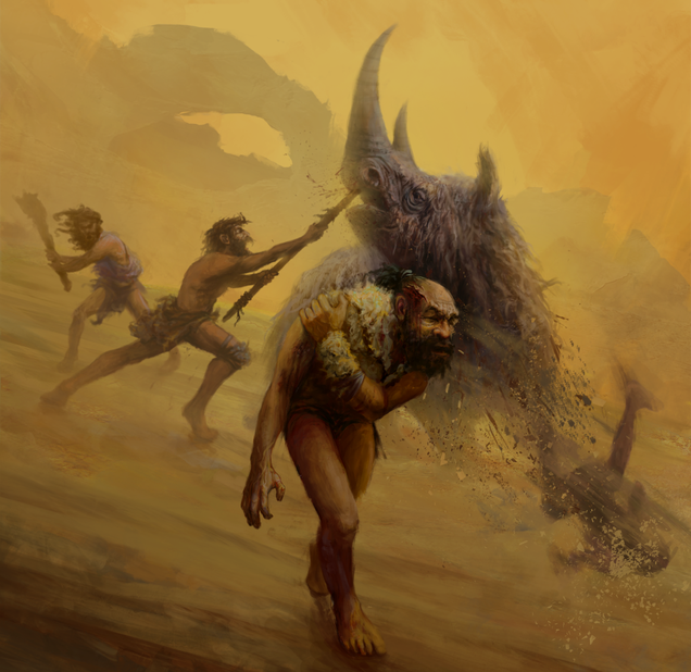 Artist’s depiction of a now-outdated view of violent, dangerous Neanderthal behavior.